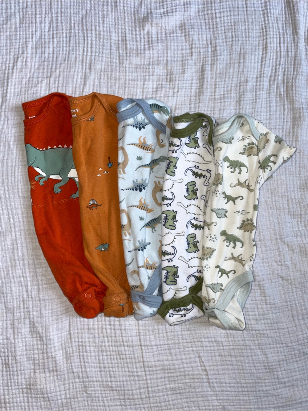 Baby Dinosaur Bodysuit Bundle - Orange, Rust, Light Blue, Olive, Cream